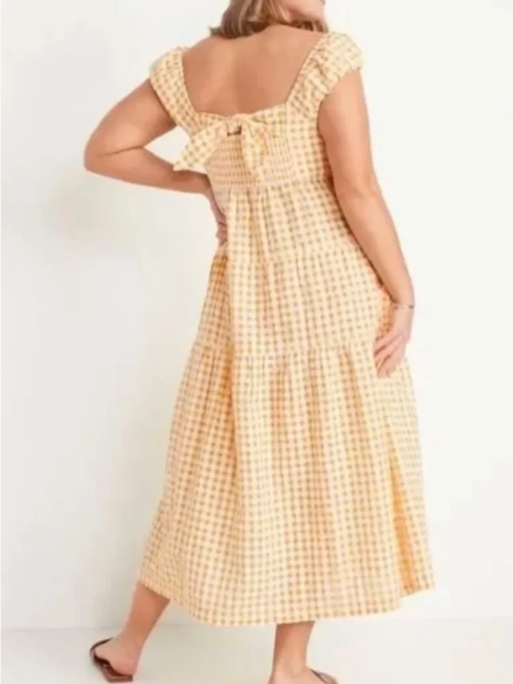 NWT Old Navy Women's Yellow Gingham Fit & Flare Tiered Seersucker Maxi Dress XL - Picture 3 of 10
